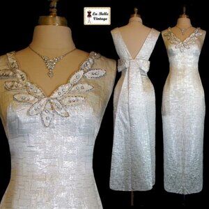 Vintage 1960s Tal Saunders Silver Evening Gown, Size 6